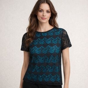 Loft Black Lace Overlay Turquoise Short Sleeve Blouse XS